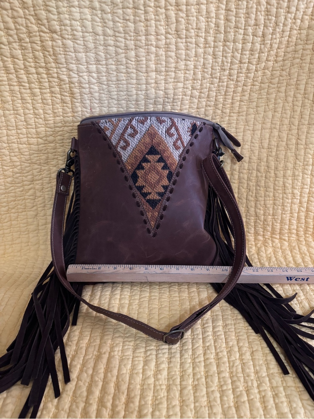 Myra Bag Dark Brown Leather Crossbody with Southwestern Woven Accent